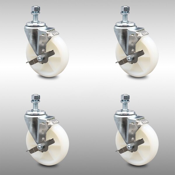 Service Caster 5 Inch SS Nylon Wheel Swivel 3/8 Inch Threaded Stem Caster Set Brake SCC SCC-SSTS20S514-NYS-TLB-381615-4 - main